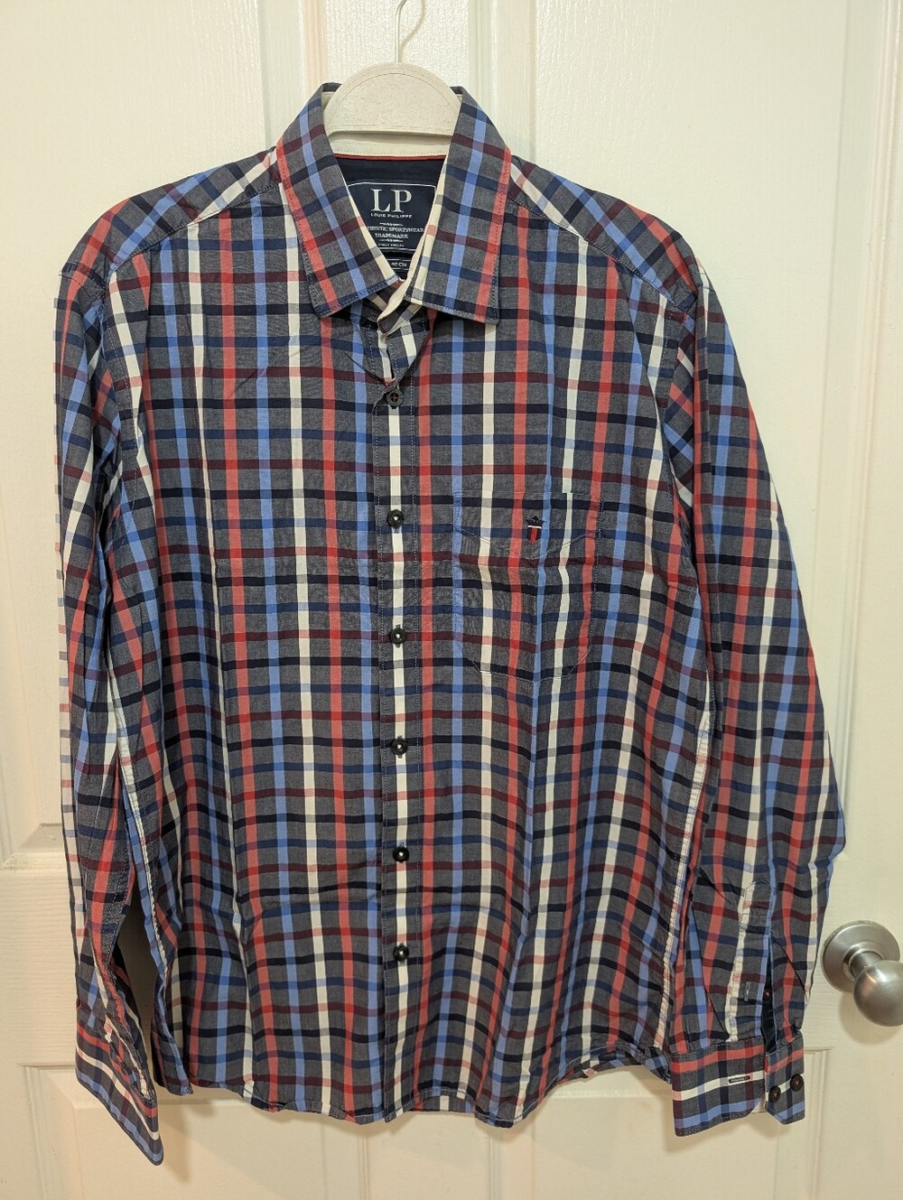Louis Philippe Red Blue White Plaid Long-Sleeve Button Down Shirt